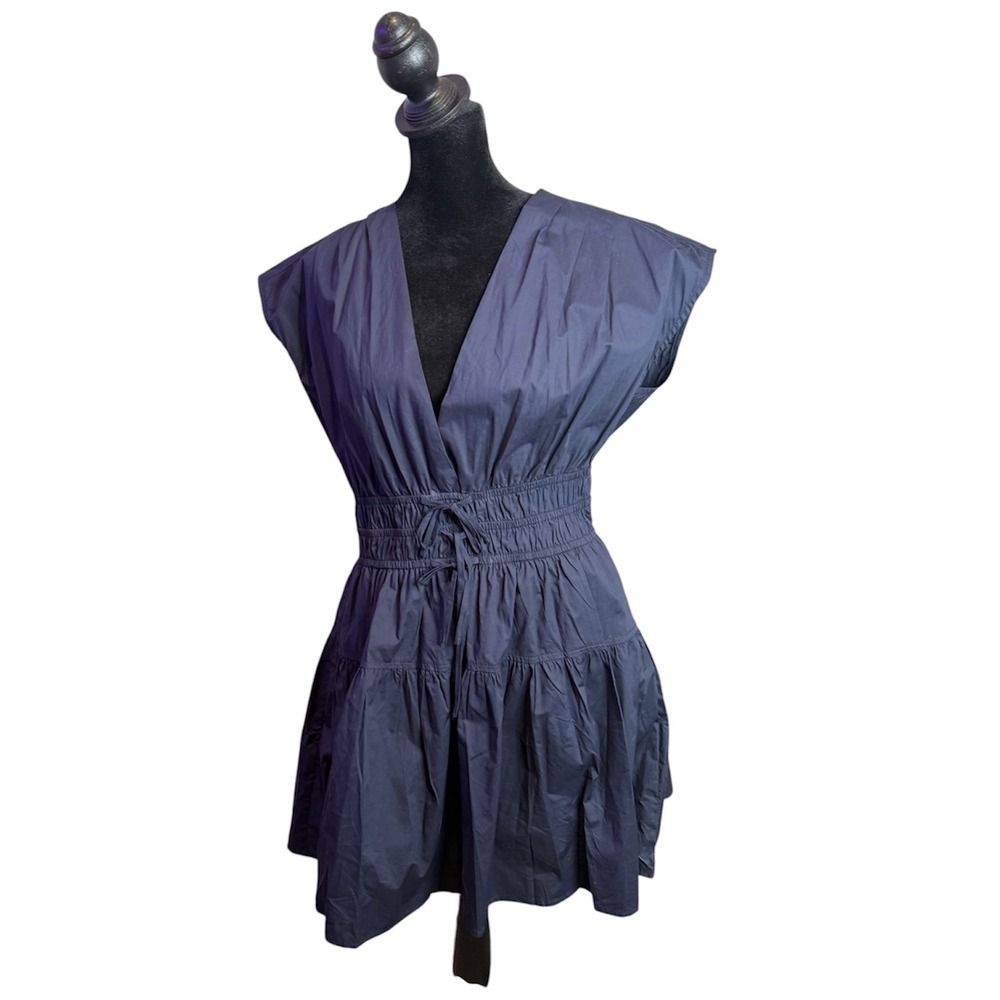 Nicole Miller Shirred Mini Dress Women's M Navy Smocked Tiered Cotton Poplin